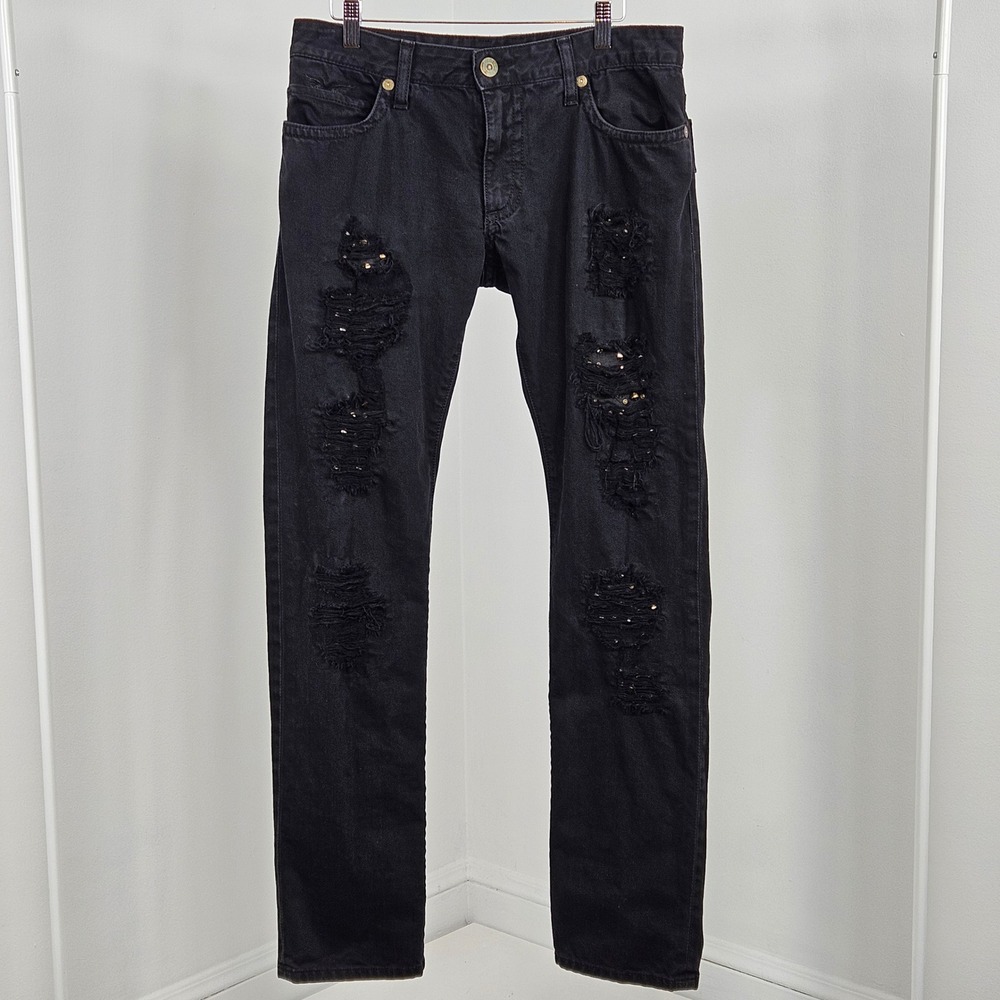 Robin's Jean Distressed Gold Tone Studded Jeans Women 32 Black Winged Pockets
